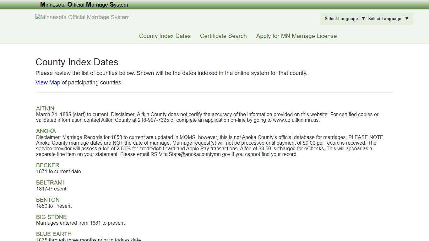 County Index Dates - MACO/MOMS®