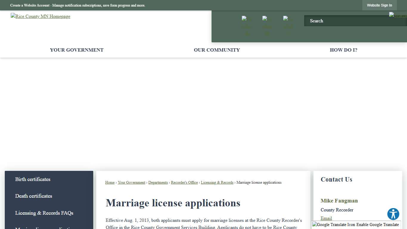 Marriage license applications Rice County, MN